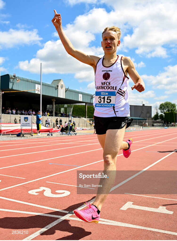 1 June 2024; Jacob Ciomek of HCFS Rathcoole, Dublin, celebrates winning the u16 boys mile during day two of the 123.ie All-Ireland Schools’ Track and Field Championships at Tullamore Harriers Athletics Club in Offaly. Photo by Sam Barnes/Sportsfile