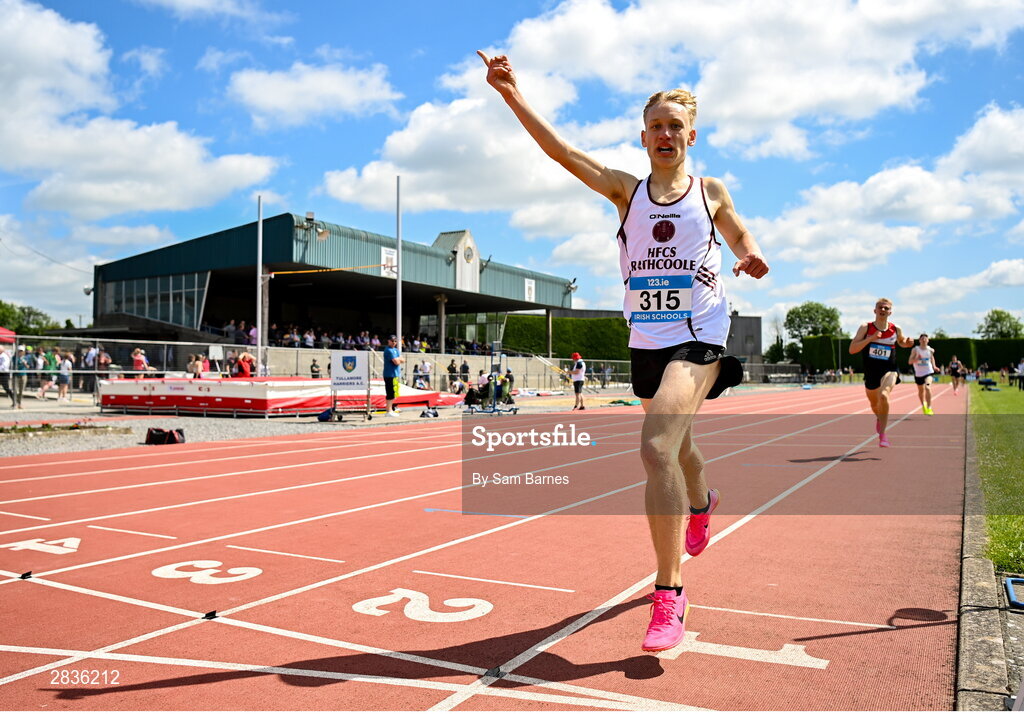 1 June 2024; Jacob Ciomek of HCFS Rathcoole, Dublin, celebrates winning the u16 boys mile during day two of the 123.ie All-Ireland Schools’ Track and Field Championships at Tullamore Harriers Athletics Club in Offaly. Photo by Sam Barnes/Sportsfile