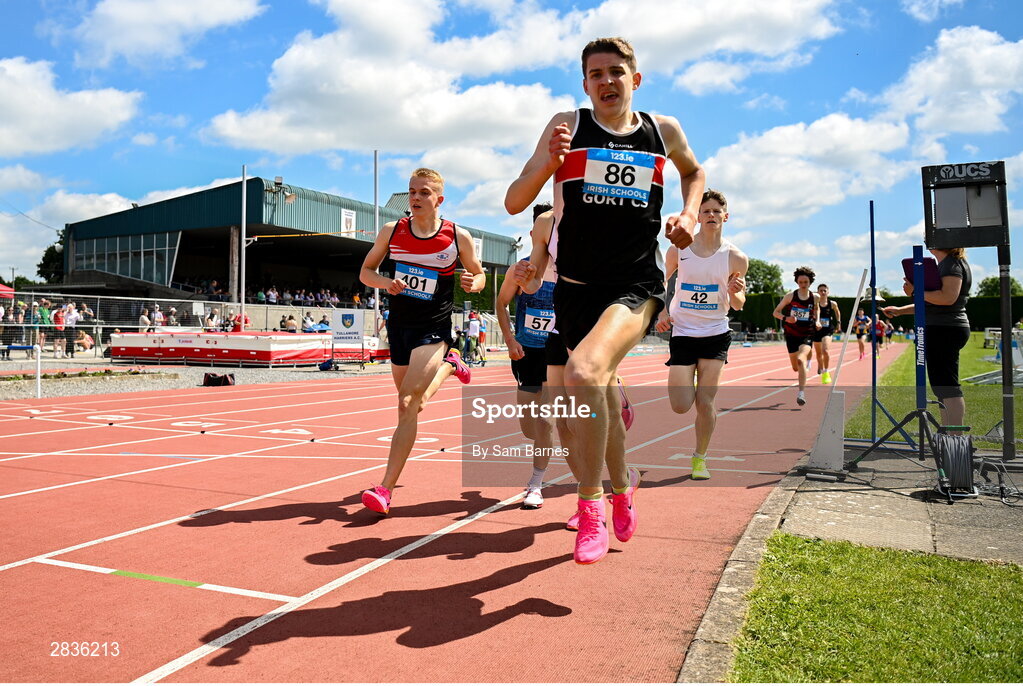 1 June 2024; Luke Walsh of Gort Community School, Galway, competes in the u16 boys mile during day two of the 123.ie All-Ireland Schools’ Track and Field Championships at Tullamore Harriers Athletics Club in Offaly. Photo by Sam Barnes/Sportsfile