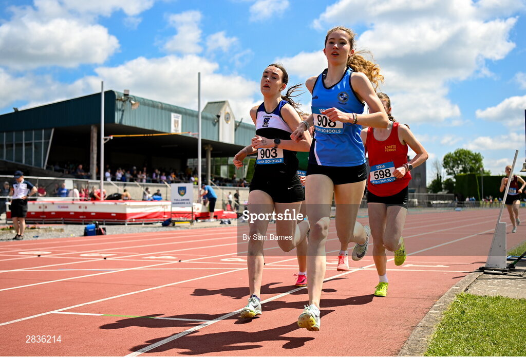 1 June 2024; Olivia  Morgan of Rathmore Belfast, leads the field in the u16 girls mile, ahead of Katie Keown  of Our Lady + St Patricks Knock, left, and Rachel O'Flynn of Loreto Fermoy, right, during day two of the 123.ie All-Ireland Schools’ Track and Field Championships at Tullamore Harriers Athletics Club in Offaly. Photo by Sam Barnes/Sportsfile