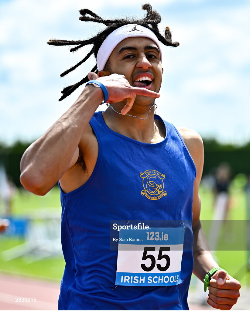 1 June 2024; Sean Doggett of Coláiste an Eachreidh, Galway, celebrates winning the senior boys 400m during day two of the 123.ie All-Ireland Schools’ Track and Field Championships at Tullamore Harriers Athletics Club in Offaly. Photo by Sam Barnes/Sportsfile