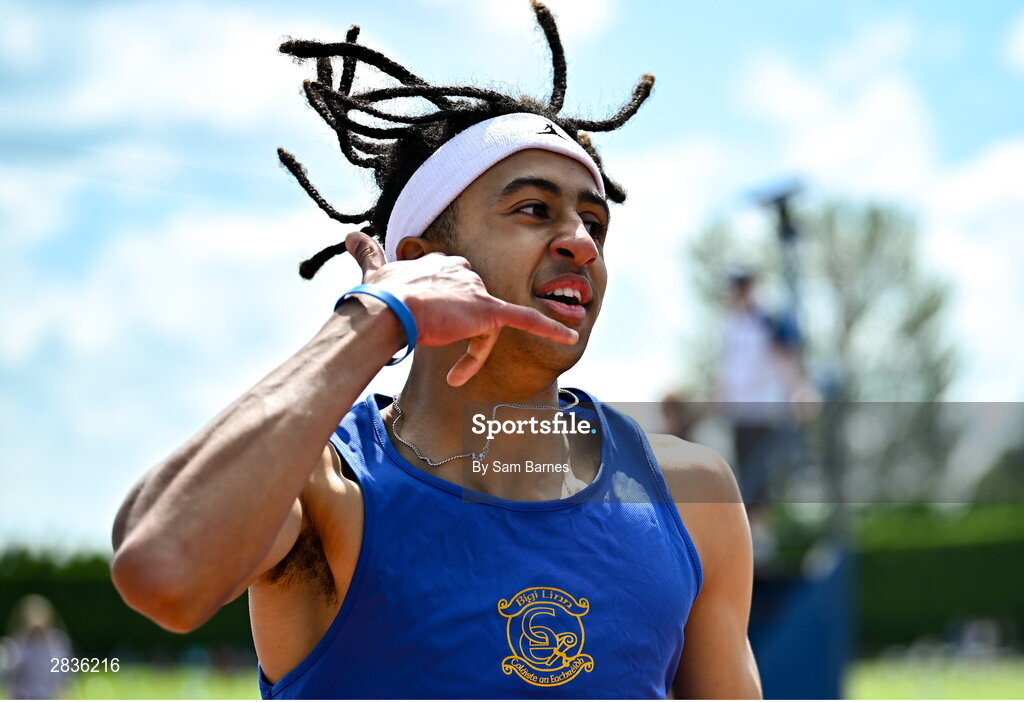 1 June 2024; Sean Doggett of Coláiste an Eachreidh, Galway, celebrates winning the senior boys 400m during day two of the 123.ie All-Ireland Schools’ Track and Field Championships at Tullamore Harriers Athletics Club in Offaly. Photo by Sam Barnes/Sportsfile
