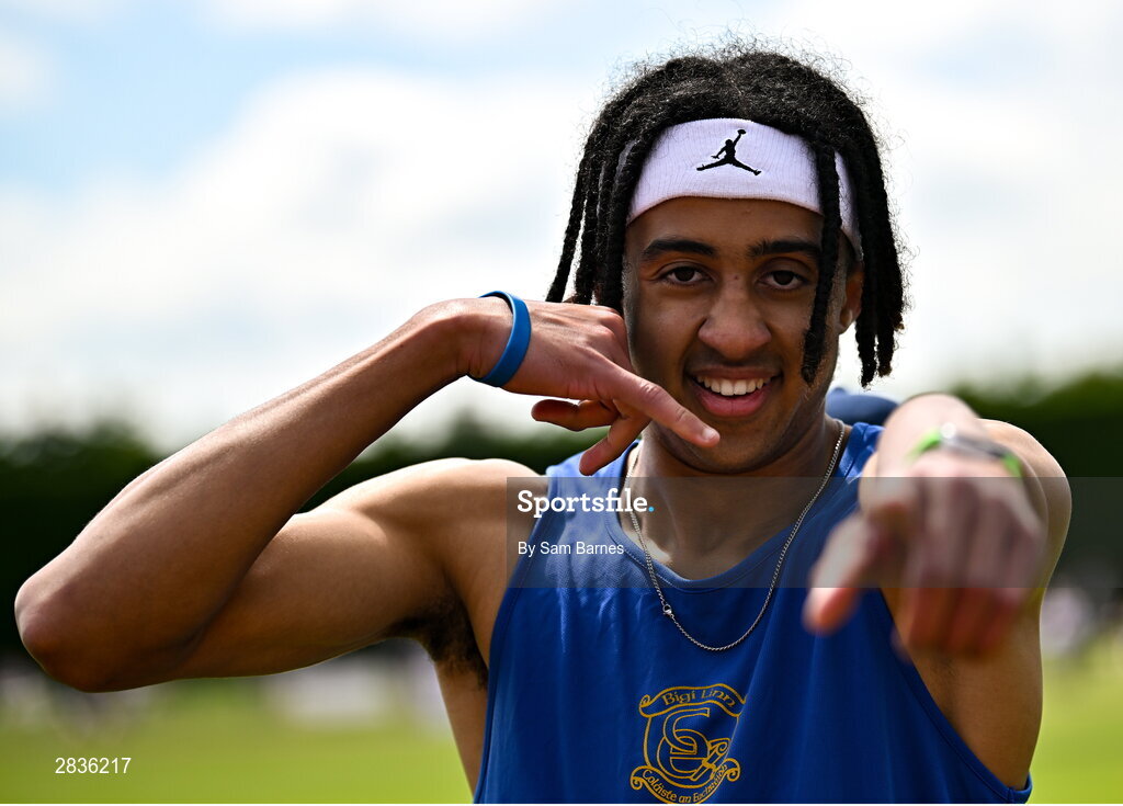 1 June 2024; Sean Doggett of Coláiste an Eachreidh, Galway, celebrates winning the senior boys 400m during day two of the 123.ie All-Ireland Schools’ Track and Field Championships at Tullamore Harriers Athletics Club in Offaly. Photo by Sam Barnes/Sportsfile