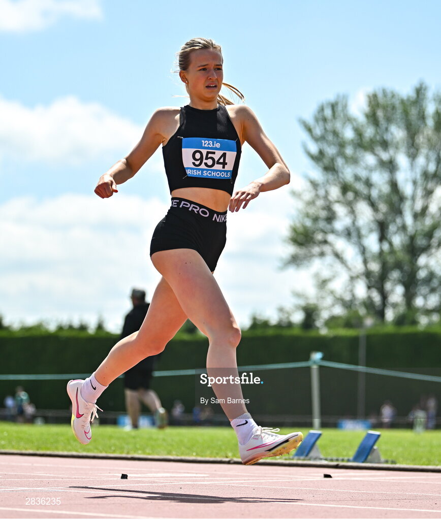 1 June 2024; Daisy Walker of St. Louis Monaghan, on her way to winning the senior girls 400m during day two of the 123.ie All-Ireland Schools’ Track and Field Championships at Tullamore Harriers Athletics Club in Offaly. Photo by Sam Barnes/Sportsfile