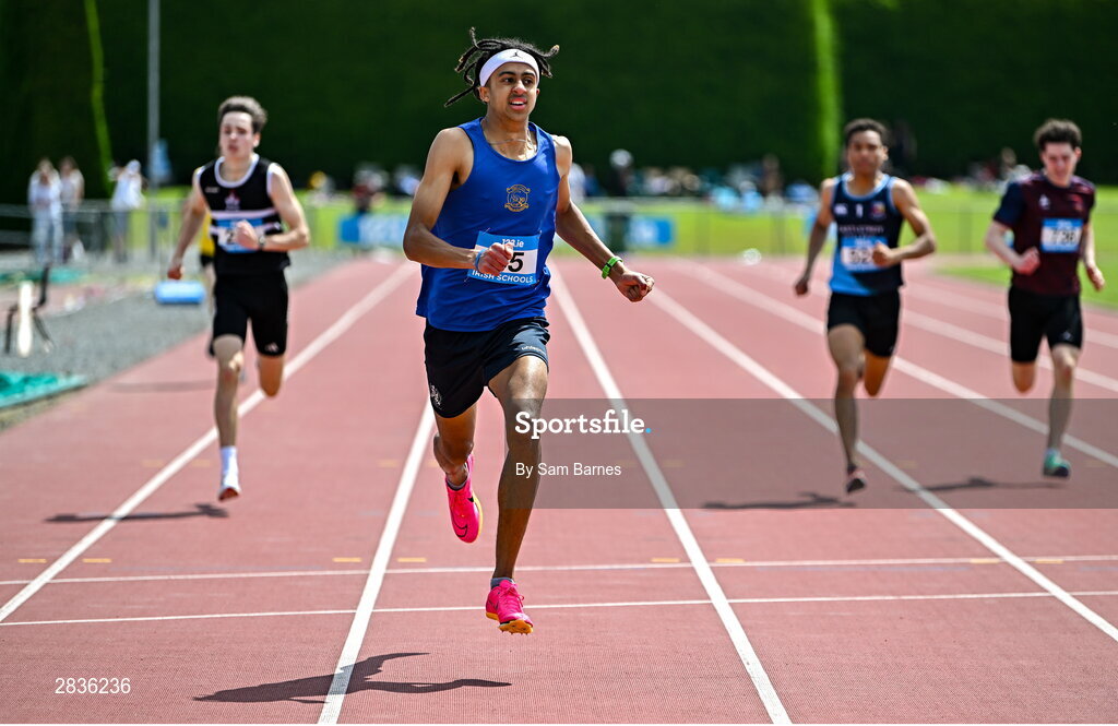 1 June 2024; Sean Doggett of Coláiste an Eachreidh, Galway, on his way to winning the senior boys 400m during day two of the 123.ie All-Ireland Schools’ Track and Field Championships at Tullamore Harriers Athletics Club in Offaly. Photo by Sam Barnes/Sportsfile