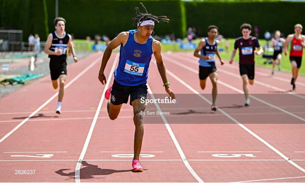 1 June 2024; Sean Doggett of Coláiste an Eachreidh, Galway, on his way to winning the senior boys 400m during day two of the 123.ie All-Ireland Schools’ Track and Field Championships at Tullamore Harriers Athletics Club in Offaly. Photo by Sam Barnes/Sportsfile