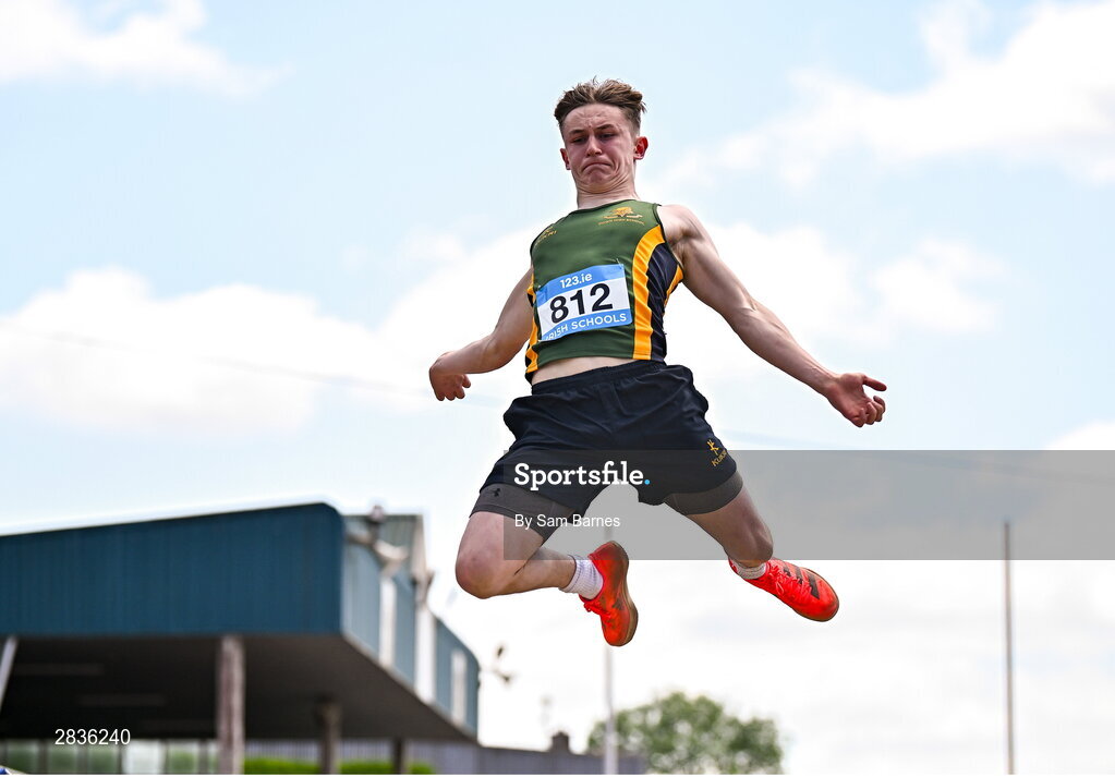 1 June 2024; Alex Watson of Down HS Downpatrick, competes in the inter boys long jump during day two of the 123.ie All-Ireland Schools’ Track and Field Championships at Tullamore Harriers Athletics Club in Offaly. Photo by Sam Barnes/Sportsfile