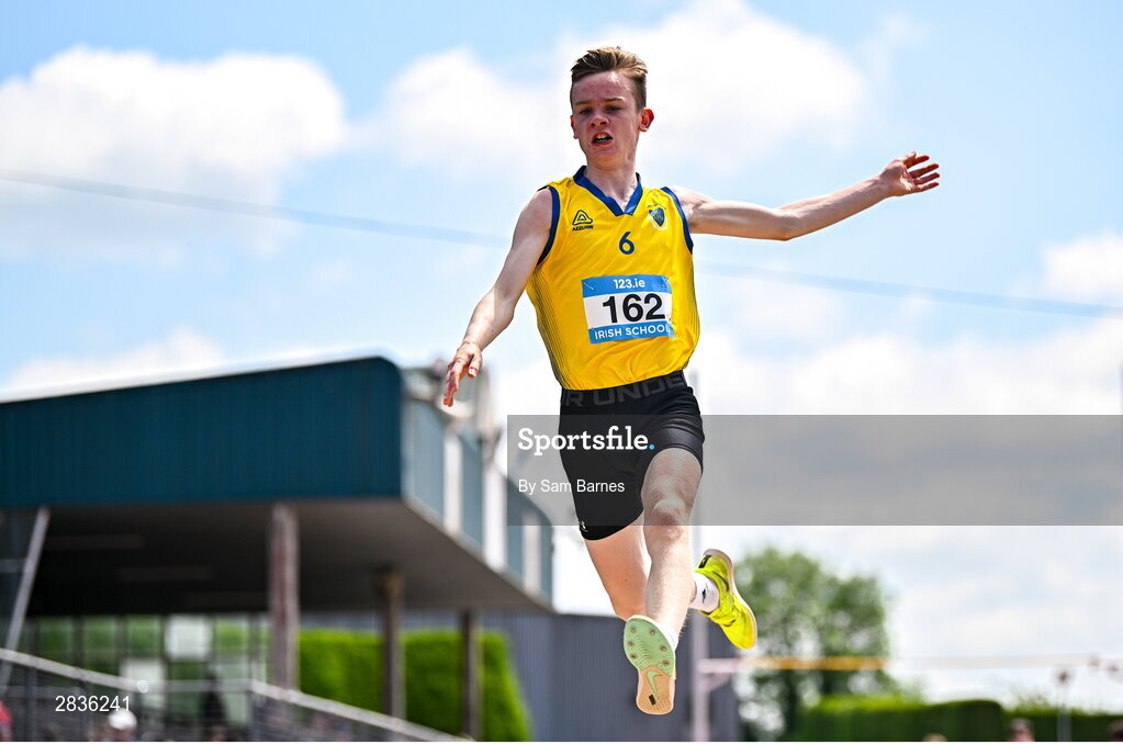 1 June 2024; Conor McDonagh of St. Attractas CS Tubbercurry, Sligo, competes in the inter boys long jump during day two of the 123.ie All-Ireland Schools’ Track and Field Championships at Tullamore Harriers Athletics Club in Offaly. Photo by Sam Barnes/Sportsfile