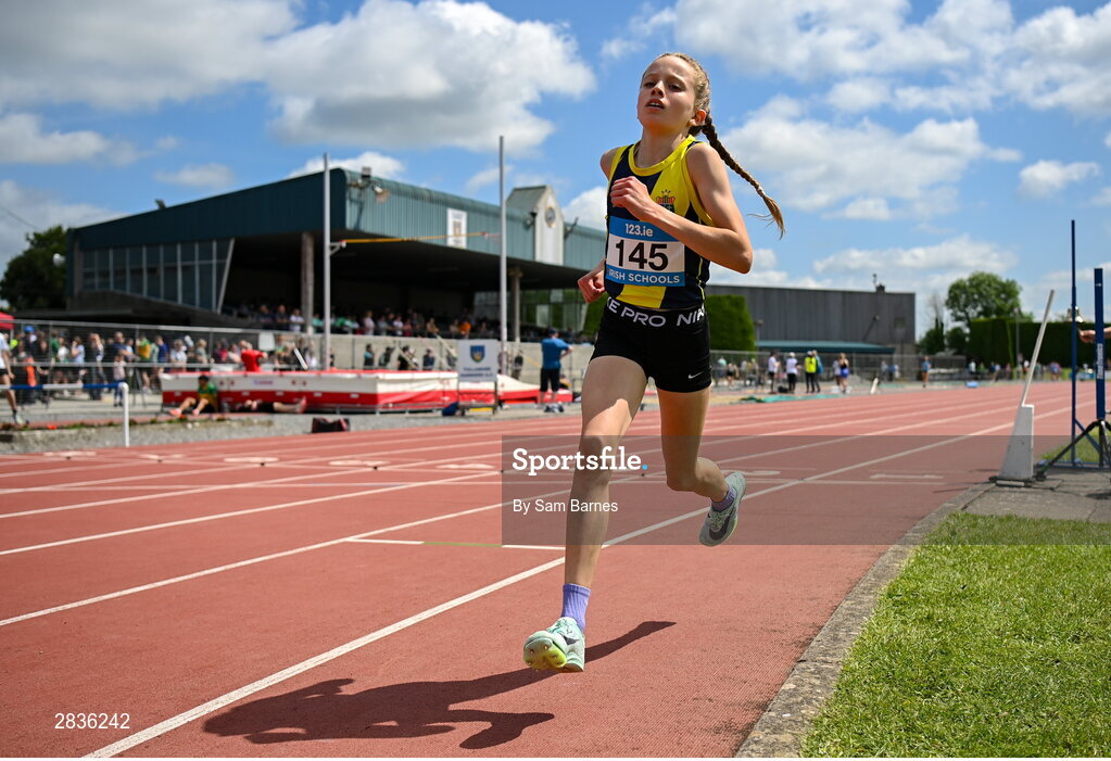 1 June 2024; Freya Renton of Sacred Heart Westport, Mayo, on her way to winning the junior girls 1500m during day two of the 123.ie All-Ireland Schools’ Track and Field Championships at Tullamore Harriers Athletics Club in Offaly. Photo by Sam Barnes/Sportsfile