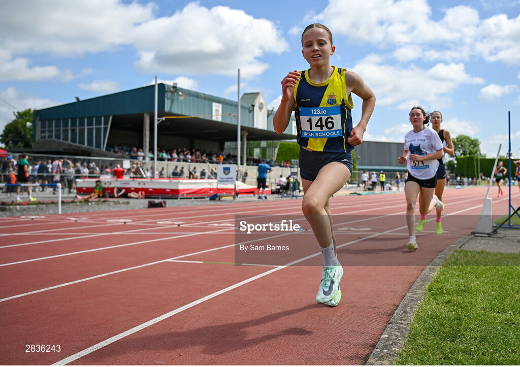 1 June 2024; Holly Renton of Sacred Heart Westport, Mayo, competes in the junior girls 1500m during day two of the 123.ie All-Ireland Schools’ Track and Field Championships at Tullamore Harriers Athletics Club in Offaly. Photo by Sam Barnes/Sportsfile