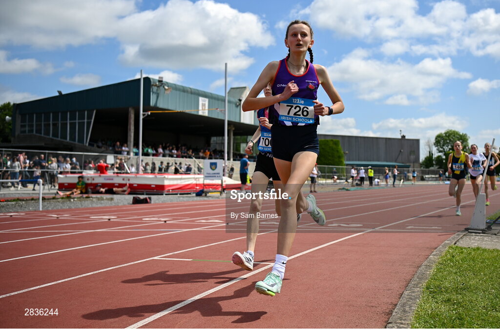 1 June 2024; Ciara Rohan of Waterpark College, competes in the junior girls 1500m during day two of the 123.ie All-Ireland Schools’ Track and Field Championships at Tullamore Harriers Athletics Club in Offaly. Photo by Sam Barnes/Sportsfile