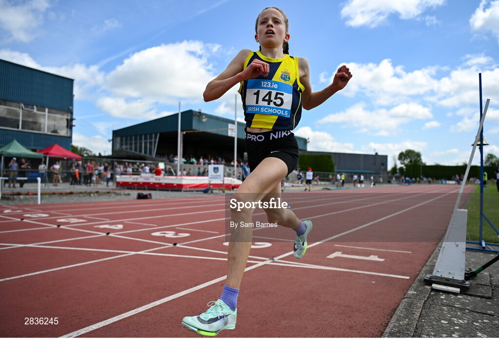 1 June 2024; Freya Renton of Sacred Heart Westport, Mayo, crosses the line to win the junior girls 1500m during day two of the 123.ie All-Ireland Schools’ Track and Field Championships at Tullamore Harriers Athletics Club in Offaly. Photo by Sam Barnes/Sportsfile