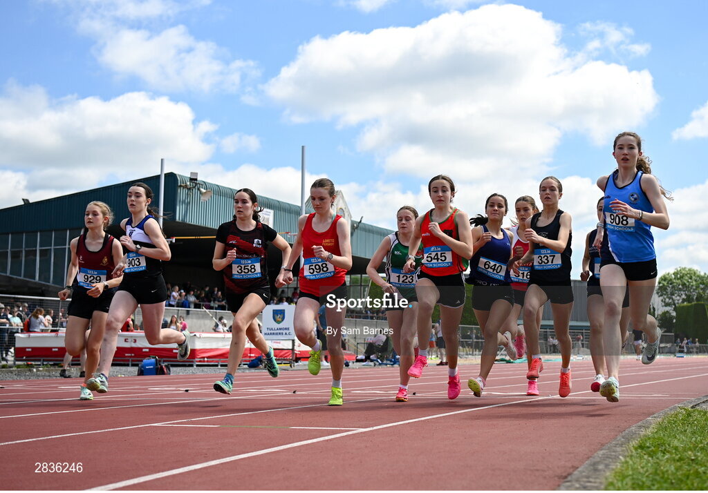 1 June 2024; A general view of the start of the U16 girls mile during day two of the 123.ie All-Ireland Schools’ Track and Field Championships at Tullamore Harriers Athletics Club in Offaly. Photo by Sam Barnes/Sportsfile