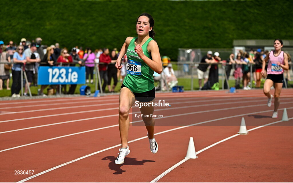 1 June 2024; Nicole Dinan of St. Angelas Cork, on her way to winning the senior girls 1500m during day two of the 123.ie All-Ireland Schools’ Track and Field Championships at Tullamore Harriers Athletics Club in Offaly. Photo by Sam Barnes/Sportsfile