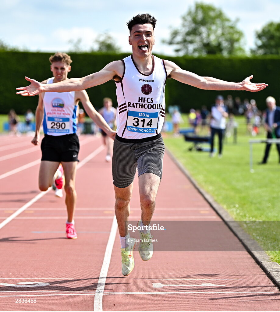 1 June 2024; Cormac Dickson of HCFS Rathcoole, Dublin, celebrates winning the senior boys 1500m during day two of the 123.ie All-Ireland Schools’ Track and Field Championships at Tullamore Harriers Athletics Club in Offaly. Photo by Sam Barnes/Sportsfile