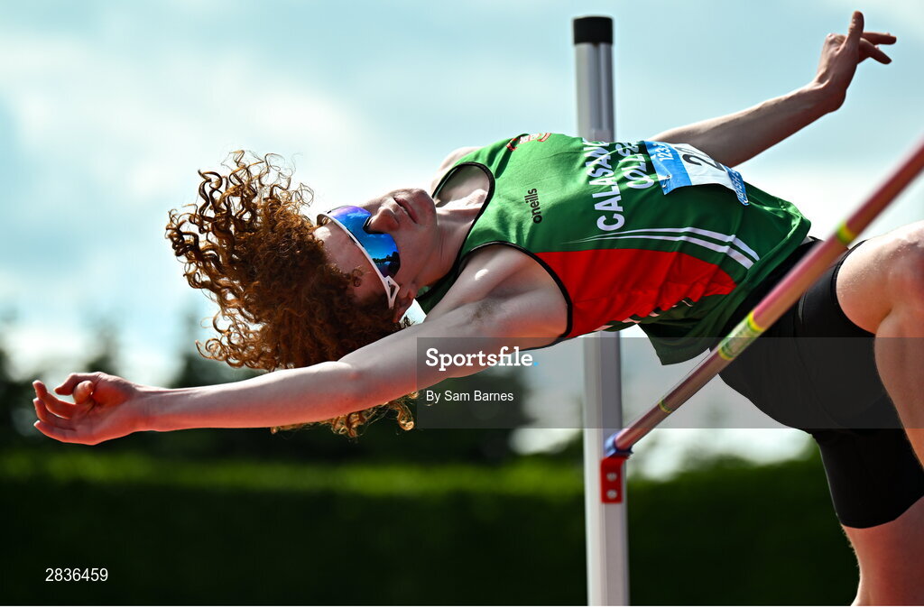 1 June 2024; Conor Penney of Calasanctius College Oranmore, Galway, competes in the inter boys high jump during day two of the 123.ie All-Ireland Schools’ Track and Field Championships at Tullamore Harriers Athletics Club in Offaly. Photo by Sam Barnes/Sportsfile
