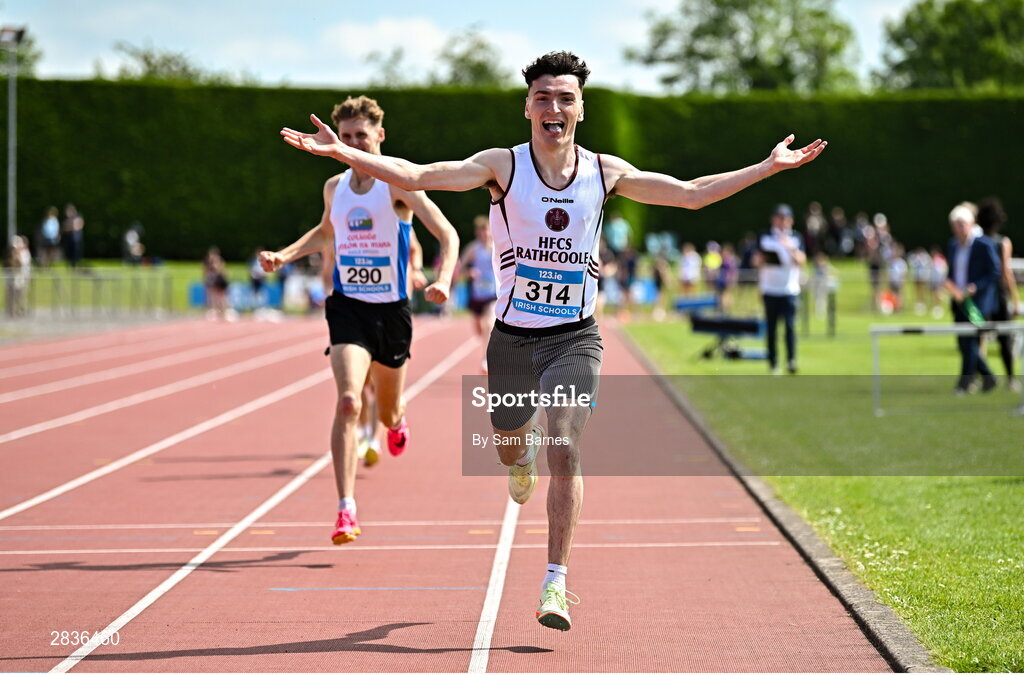 1 June 2024; Cormac Dickson of HCFS Rathcoole, Dublin, celebrates winning the senior boys 1500m during day two of the 123.ie All-Ireland Schools’ Track and Field Championships at Tullamore Harriers Athletics Club in Offaly. Photo by Sam Barnes/Sportsfile