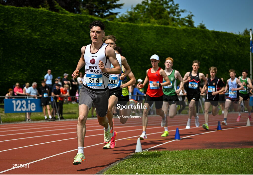 1 June 2024; Cormac Dickson of HCFS Rathcoole, Dublin, on his way to winning, the senior boys 1500m during day two of the 123.ie All-Ireland Schools’ Track and Field Championships at Tullamore Harriers Athletics Club in Offaly. Photo by Sam Barnes/Sportsfile