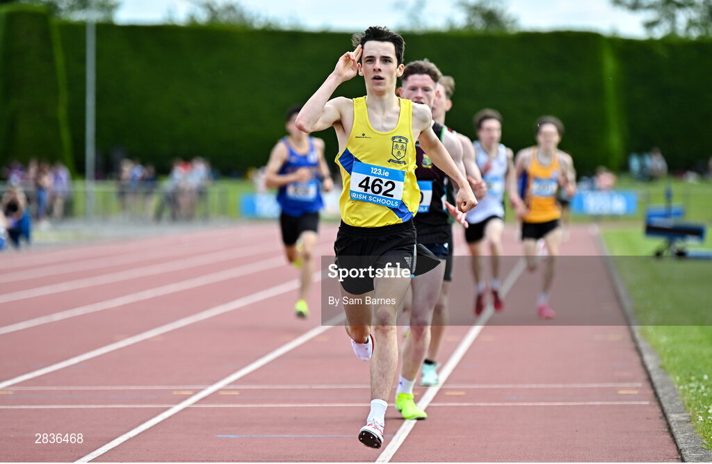 1 June 2024; Lorcan Forde-Dunne of St. Marys Drogheda, Louth, celebrates winning the inter boys 1500m  during day two of the 123.ie All-Ireland Schools’ Track and Field Championships at Tullamore Harriers Athletics Club in Offaly. Photo by Sam Barnes/Sportsfile