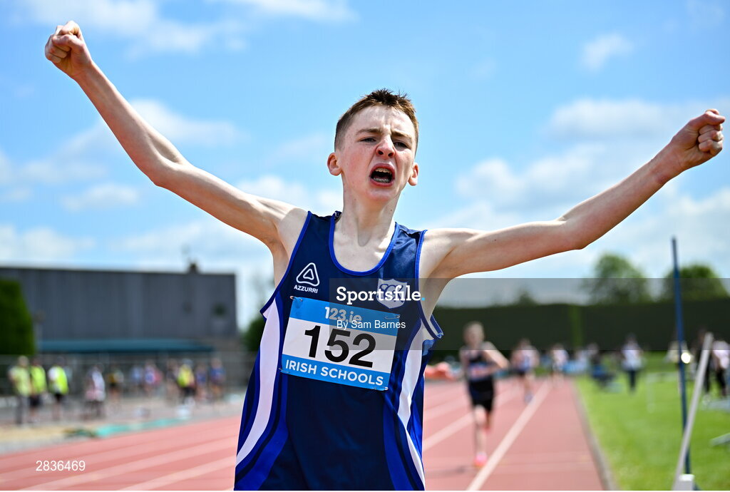1 June 2024; Ciaráin Considine of Seamount College Kinvara, Galway, celebrates after winning the junior boys 1500m during day two of the 123.ie All-Ireland Schools’ Track and Field Championships at Tullamore Harriers Athletics Club in Offaly. Photo by Sam Barnes/Sportsfile
