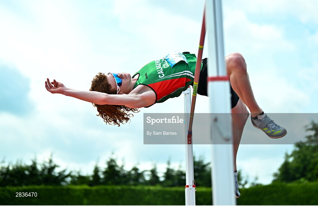 1 June 2024; Conor Penney of Calasanctius College Oranmore, Galway, competes in the inter boys high jump during day two of the 123.ie All-Ireland Schools’ Track and Field Championships at Tullamore Harriers Athletics Club in Offaly. Photo by Sam Barnes/Sportsfile