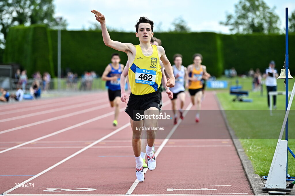 1 June 2024; Lorcan Forde-Dunne of St. Marys Drogheda, Louth, celebrates winning the inter boys 1500m  during day two of the 123.ie All-Ireland Schools’ Track and Field Championships at Tullamore Harriers Athletics Club in Offaly. Photo by Sam Barnes/Sportsfile