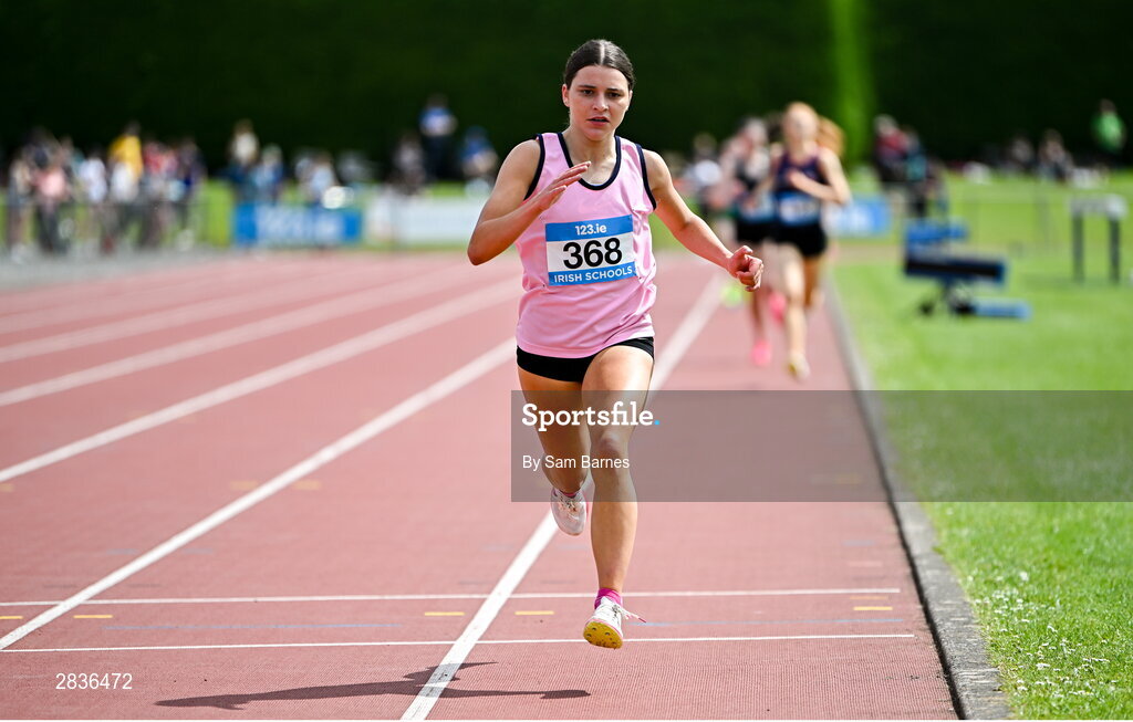 1 June 2024; Emily Bolton of Mount Sackville, Dublin, on her way to winning the inter girls 1500m during day two of the 123.ie All-Ireland Schools’ Track and Field Championships at Tullamore Harriers Athletics Club in Offaly. Photo by Sam Barnes/Sportsfile