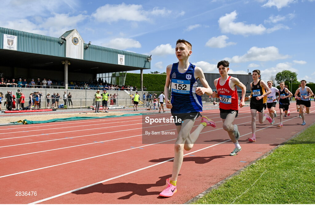 1 June 2024; Ciaráin Considine of Seamount College Kinvara, Galway, on his way to winning the junior boys 1500m during day two of the 123.ie All-Ireland Schools’ Track and Field Championships at Tullamore Harriers Athletics Club in Offaly. Photo by Sam Barnes/Sportsfile