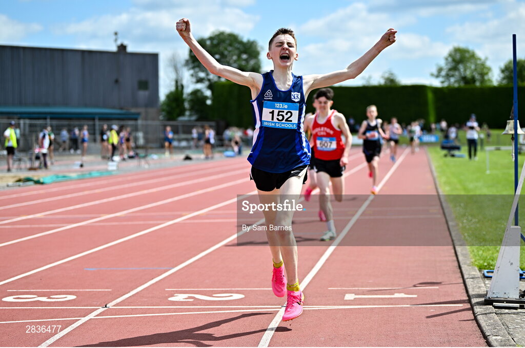 1 June 2024; Ciaráin Considine of Seamount College Kinvara, Galway, celebrates after winning the junior boys 1500m during day two of the 123.ie All-Ireland Schools’ Track and Field Championships at Tullamore Harriers Athletics Club in Offaly. Photo by Sam Barnes/Sportsfile