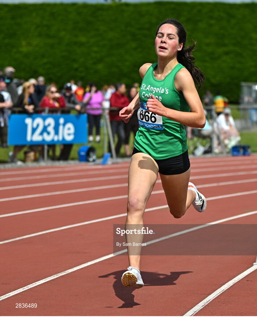 1 June 2024; Nicole Dinan of St. Angelas Cork, on her way to winning the senior girls 1500m during day two of the 123.ie All-Ireland Schools’ Track and Field Championships at Tullamore Harriers Athletics Club in Offaly. Photo by Sam Barnes/Sportsfile