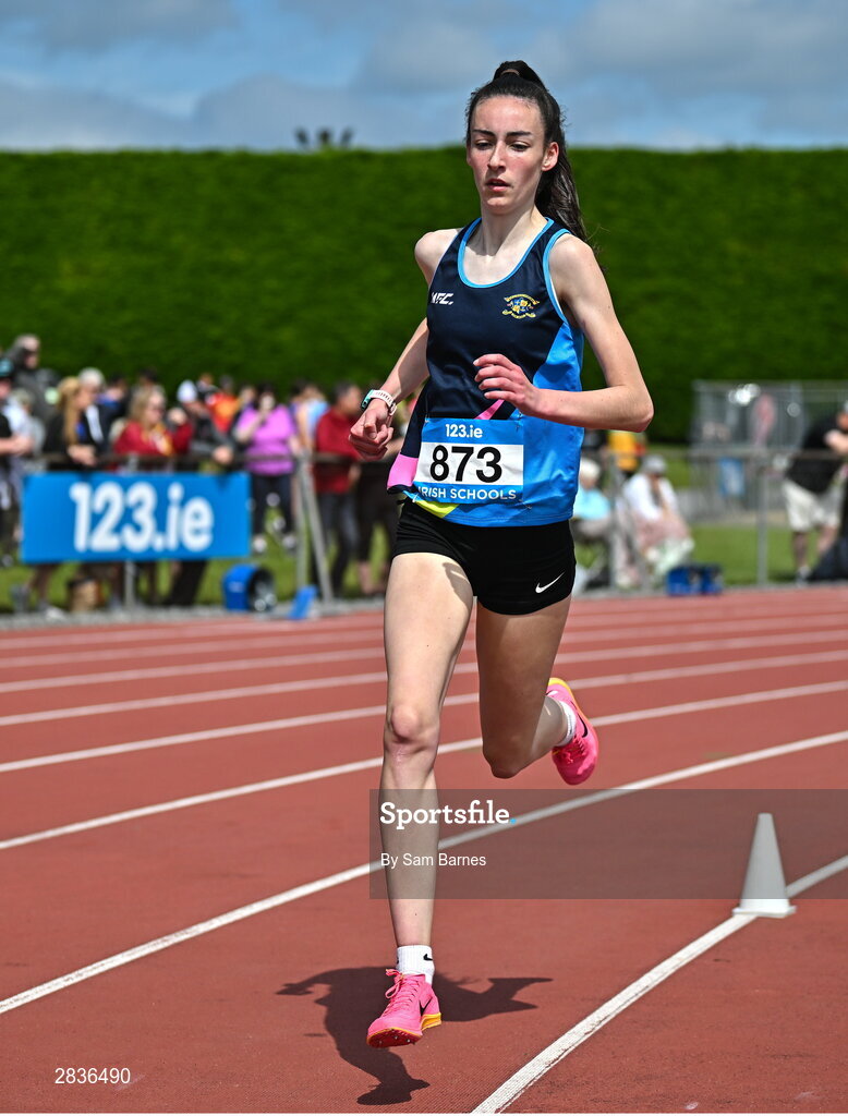 1 June 2024; Eimear McCarroll of Loreto Omagh, competing in the senior girls 1500m during day two of the 123.ie All-Ireland Schools’ Track and Field Championships at Tullamore Harriers Athletics Club in Offaly. Photo by Sam Barnes/Sportsfile