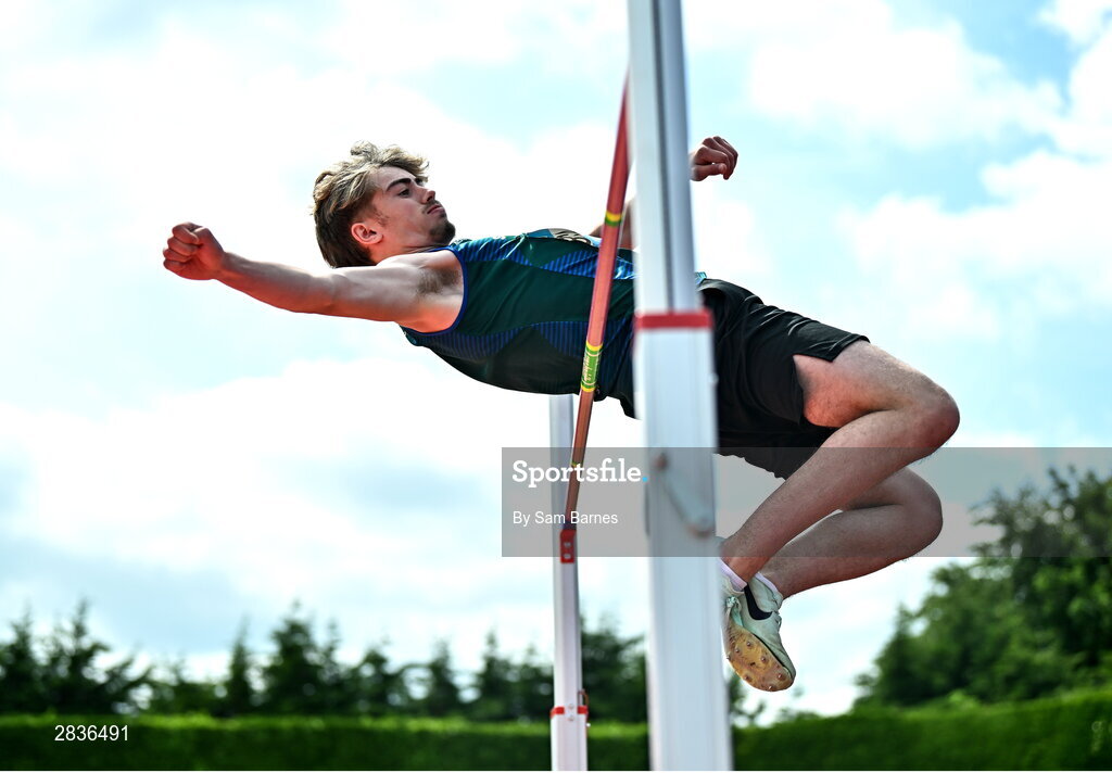 1 June 2024; Alex Heaney of Scoil Mhuire C.S. Clane, Kildare, competes in the inter boys high jump during day two of the 123.ie All-Ireland Schools’ Track and Field Championships at Tullamore Harriers Athletics Club in Offaly. Photo by Sam Barnes/Sportsfile