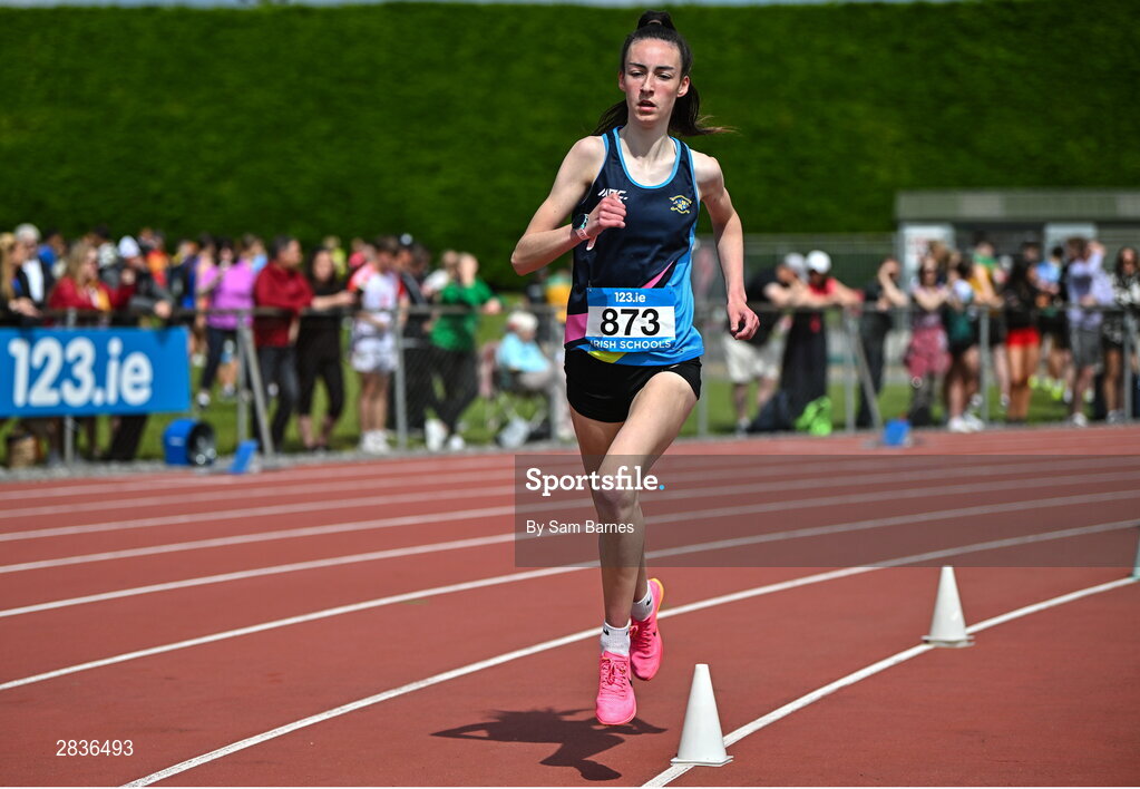 1 June 2024; Eimear McCarroll of Loreto Omagh, competing in the senior girls 1500m during day two of the 123.ie All-Ireland Schools’ Track and Field Championships at Tullamore Harriers Athletics Club in Offaly. Photo by Sam Barnes/Sportsfile