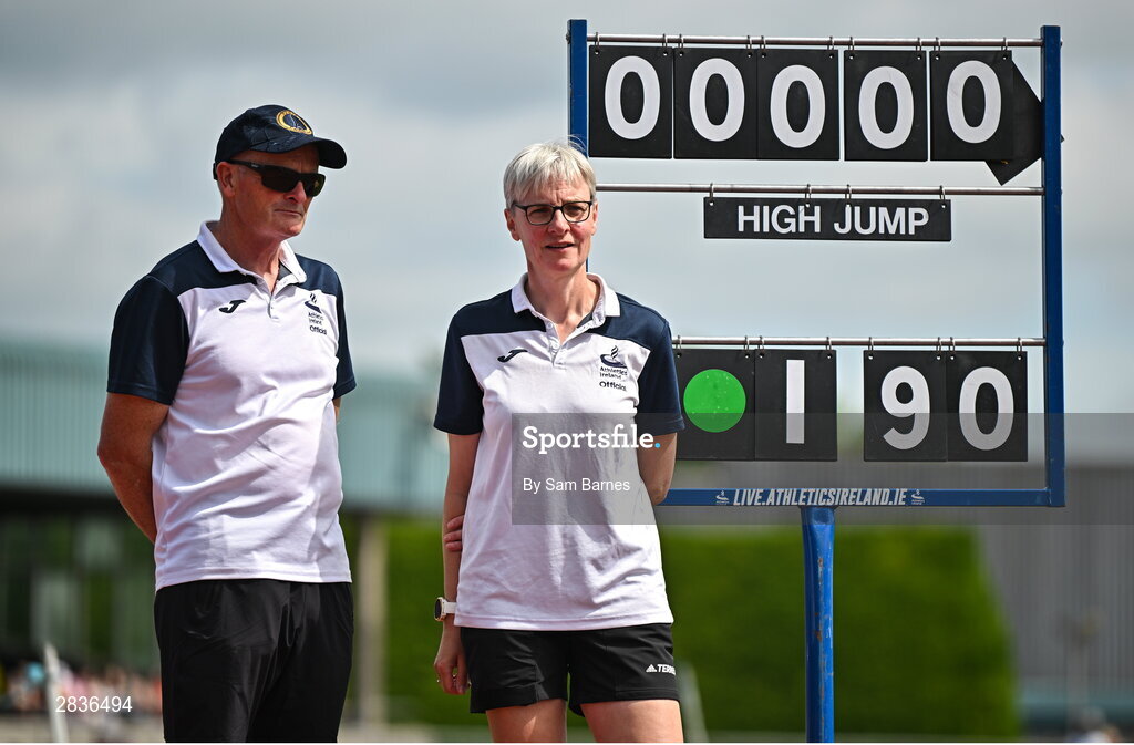 1 June 2024; Officials during day two of the 123.ie All-Ireland Schools’ Track and Field Championships at Tullamore Harriers Athletics Club in Offaly. Photo by Sam Barnes/Sportsfile