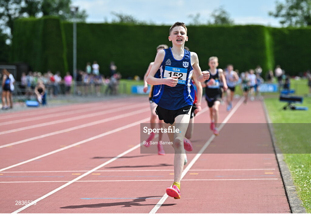 1 June 2024; Ciaráin Considine of Seamount College Kinvara, Galway, on his way to winning the junior boys 1500m during day two of the 123.ie All-Ireland Schools’ Track and Field Championships at Tullamore Harriers Athletics Club in Offaly. Photo by Sam Barnes/Sportsfile
