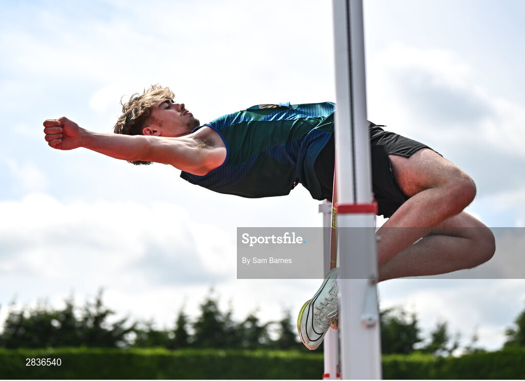 1 June 2024; Alex Heaney of Scoil Mhuire C.S. Clane, Kildare, competes in the inter boys high jump during day two of the 123.ie All-Ireland Schools’ Track and Field Championships at Tullamore Harriers Athletics Club in Offaly. Photo by Sam Barnes/Sportsfile