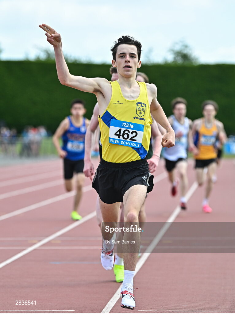 1 June 2024; Lorcan Forde-Dunne of St. Marys Drogheda, Louth, celebrates winning the inter boys 1500m  during day two of the 123.ie All-Ireland Schools’ Track and Field Championships at Tullamore Harriers Athletics Club in Offaly. Photo by Sam Barnes/Sportsfile