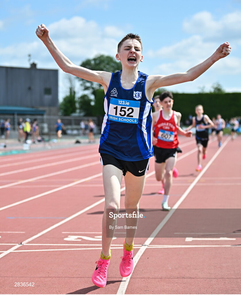 1 June 2024; Ciaráin Considine of Seamount College Kinvara, Galway, celebrates after winning the junior boys 1500m during day two of the 123.ie All-Ireland Schools’ Track and Field Championships at Tullamore Harriers Athletics Club in Offaly. Photo by Sam Barnes/Sportsfile