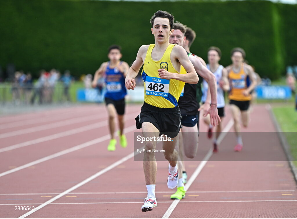 1 June 2024; Lorcan Forde-Dunne of St. Marys Drogheda, Louth, on his way to winning the inter boys 1500m  during day two of the 123.ie All-Ireland Schools’ Track and Field Championships at Tullamore Harriers Athletics Club in Offaly. Photo by Sam Barnes/Sportsfile