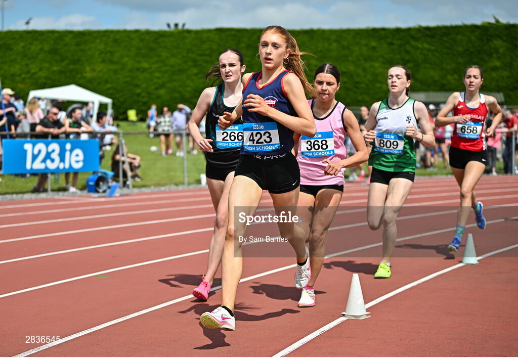 1 June 2024; Eimear Cooney of Sacred Heart Drogheda, Louth, competes in the inter girls 1500m during day two of the 123.ie All-Ireland Schools’ Track and Field Championships at Tullamore Harriers Athletics Club in Offaly. Photo by Sam Barnes/Sportsfile