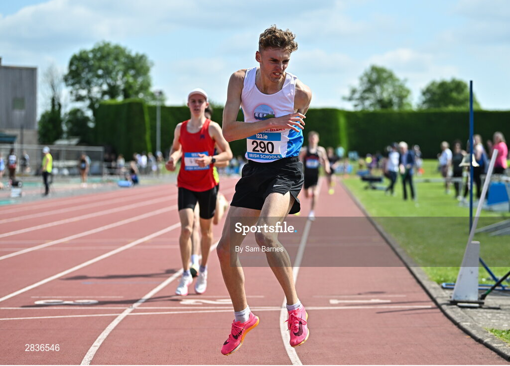 1 June 2024; Sean Cronin of Colaiste Ghlór Na Mara, reacts after finishing second in the senior boys 1500m during day two of the 123.ie All-Ireland Schools’ Track and Field Championships at Tullamore Harriers Athletics Club in Offaly. Photo by Sam Barnes/Sportsfile