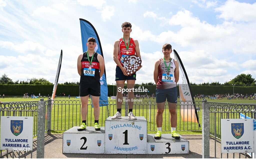 1 June 2024; Senior boys discus medallists, Cian Crampton of Oaklands CC Edenderry, Offaly, gold, Corey Scanlan of St. Augustines College, silver, and Liam Shaw of Presentation College Athenry, Galway, bronze, during day two of the 123.ie All-Ireland Schools’ Track and Field Championships at Tullamore Harriers Athletics Club in Offaly. Photo by Sam Barnes/Sportsfile