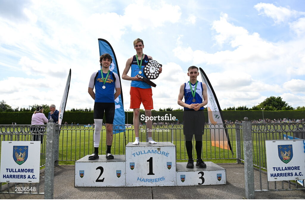 1 June 2024; Senior boys pole vault medallists, Alex Neff of Gaelcholaiste Carraig Ui Leighin, gold, Joshua Fitzgerald of Colaiste Muire Crosshaven, silver, and Lee Prendergast of Tyndall College, bronze, during day two of the 123.ie All-Ireland Schools’ Track and Field Championships at Tullamore Harriers Athletics Club in Offaly. Photo by Sam Barnes/Sportsfile