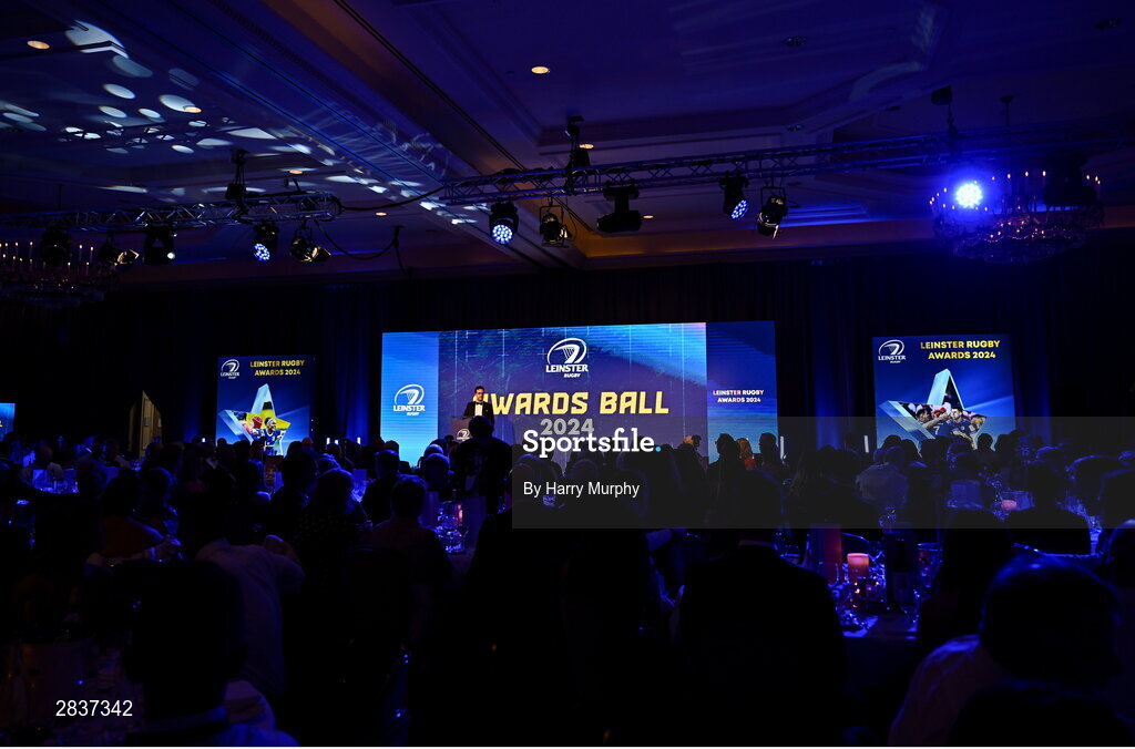 1 June 2024; MC Joe Molloy speaks during the 2024 Leinster Rugby Awards Ball at The InterContinental Hotel in Dublin. Photo by Harry Murphy/Sportsfile