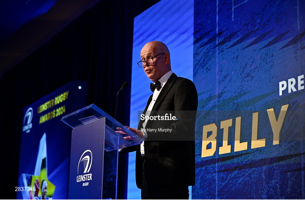 1 June 2024; Leinster Rugby president Billy Murphy speaks during the 2024 Leinster Rugby Awards Ball at The InterContinental Hotel in Dublin. Photo by Harry Murphy/Sportsfile