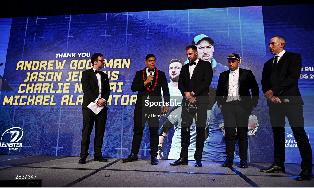 1 June 2024; Departing Leinster players Michael Ala'alatoa, Jason Jenkins and Charlie Ngatai and Backs coach Andrew Goodman speak to MC Joe Molloy during the 2024 Leinster Rugby Awards Ball at The InterContinental Hotel in Dublin. Photo by Harry Murphy/Sportsfile