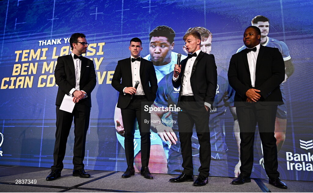 1 June 2024; Departing Leinster players Chris Cosgrave, Ben Murphy and Temi Lasisi speak to MC Joe Molloy during the 2024 Leinster Rugby Awards Ball at The InterContinental Hotel in Dublin. Photo by Harry Murphy/Sportsfile