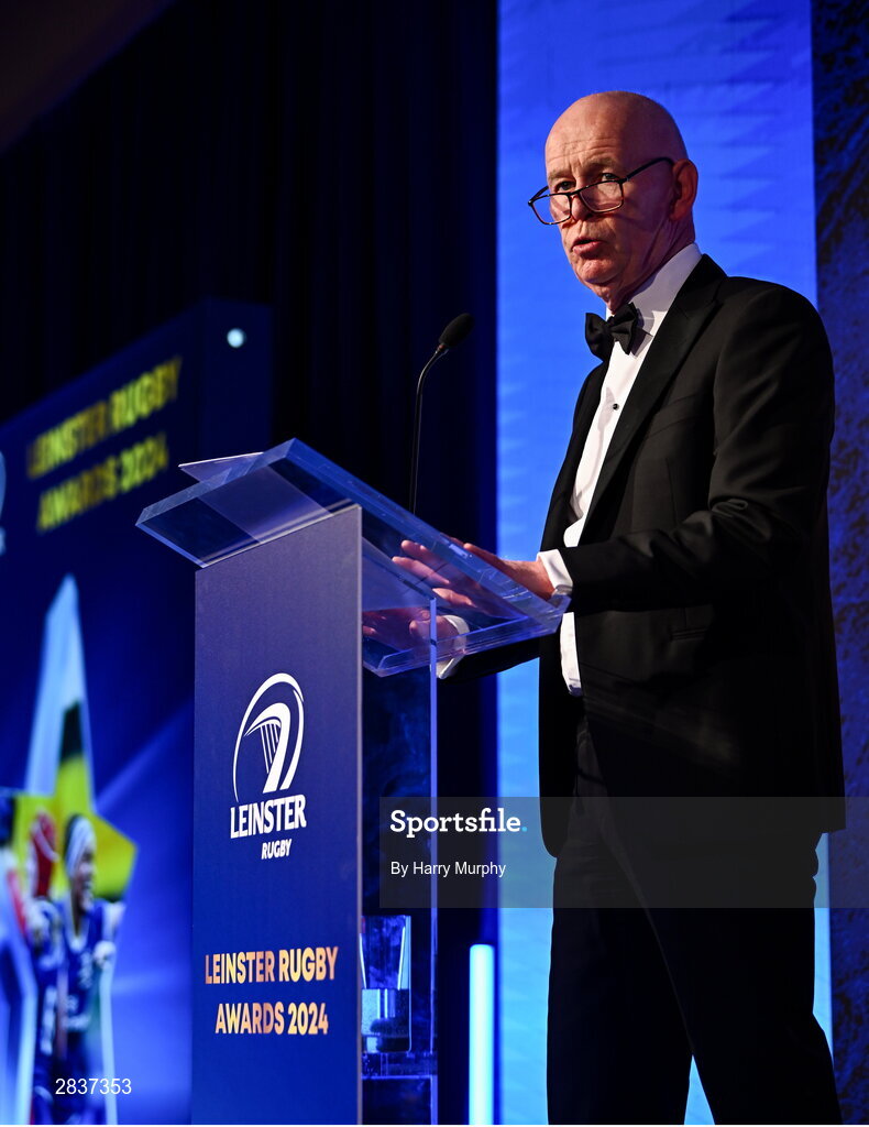 1 June 2024; Leinster Rugby president Billy Murphy speaks during the 2024 Leinster Rugby Awards Ball at The InterContinental Hotel in Dublin. Photo by Harry Murphy/Sportsfile