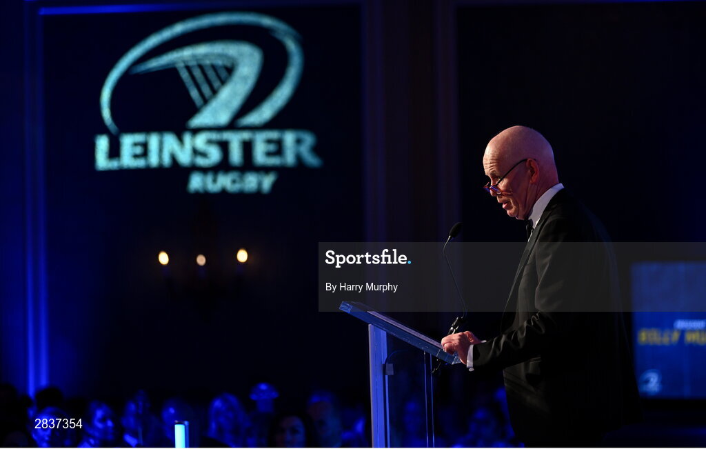 1 June 2024; Leinster Rugby president Billy Murphy speaks during the 2024 Leinster Rugby Awards Ball at The InterContinental Hotel in Dublin. Photo by Harry Murphy/Sportsfile