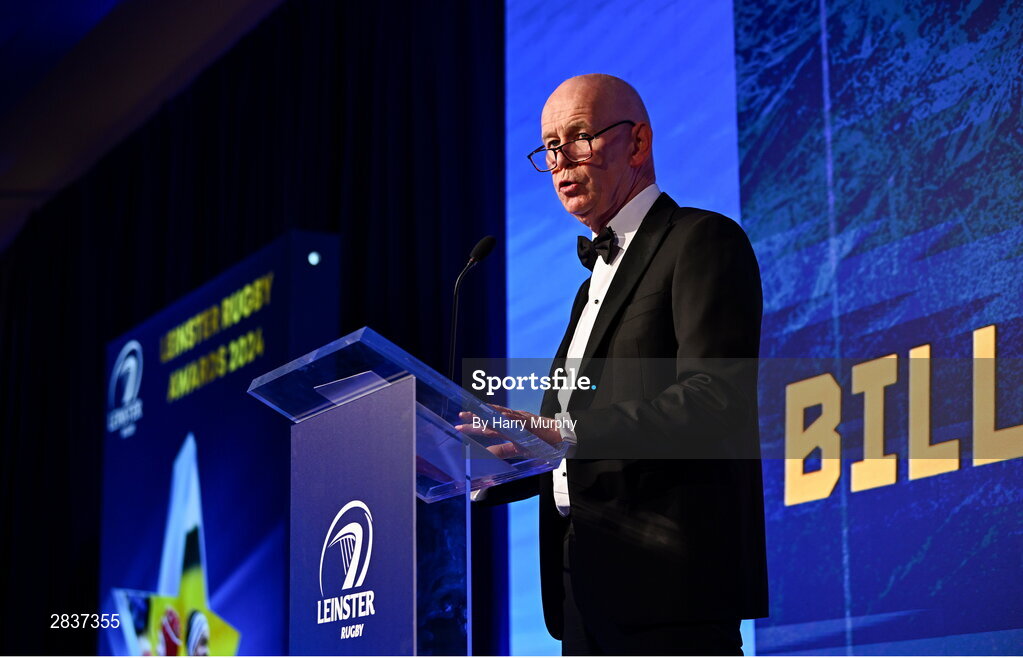 1 June 2024; Leinster Rugby president Billy Murphy speaks during the 2024 Leinster Rugby Awards Ball at The InterContinental Hotel in Dublin. Photo by Harry Murphy/Sportsfile